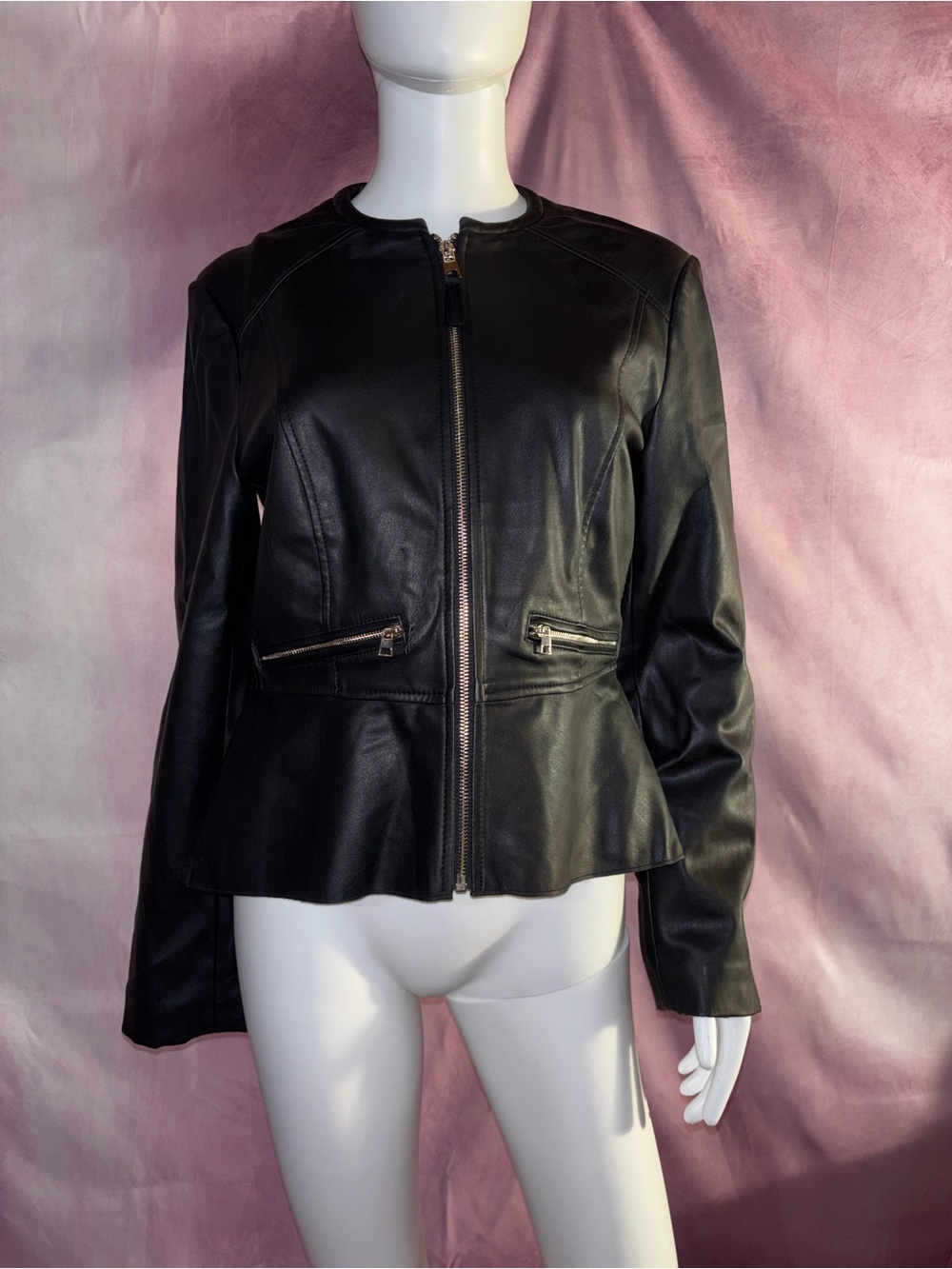 metrostyle Black Faux Leather Zip Front Peplum Jacket